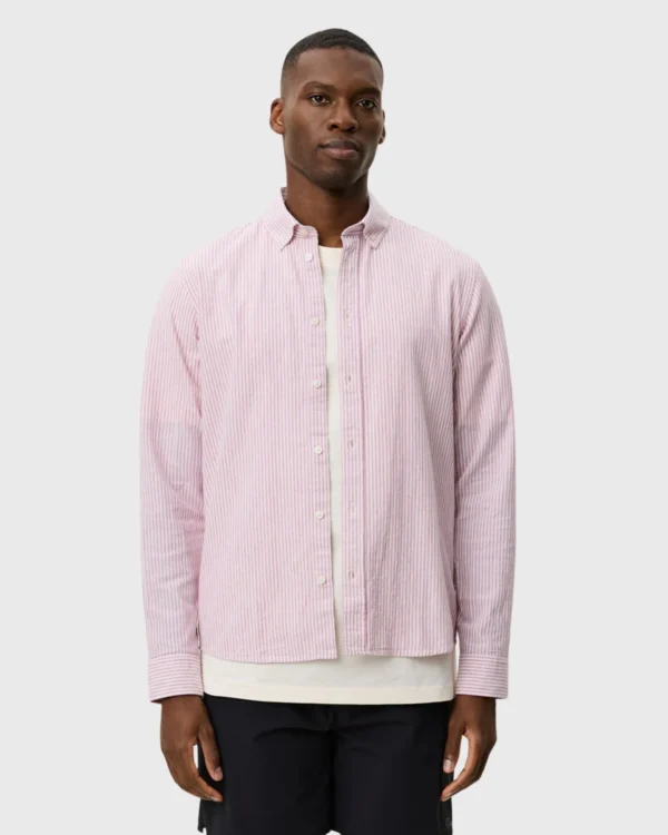 Chemise rose Les Deux Konrad rayée en coton et lin